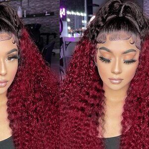 34 inch Burgundy Curly 13X6 Lace Front Wig Human Hair Ombre Pre Plucked